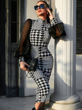 Revamp your wardrobe with this Chic Houndstooth Bodycon Dress. The lantern sleeves add a touch of whimsy, while the slit back detail adds a subtle hint of sexiness. Perfect for a night out, this dress will elevate your style game while keeping you comfortable.