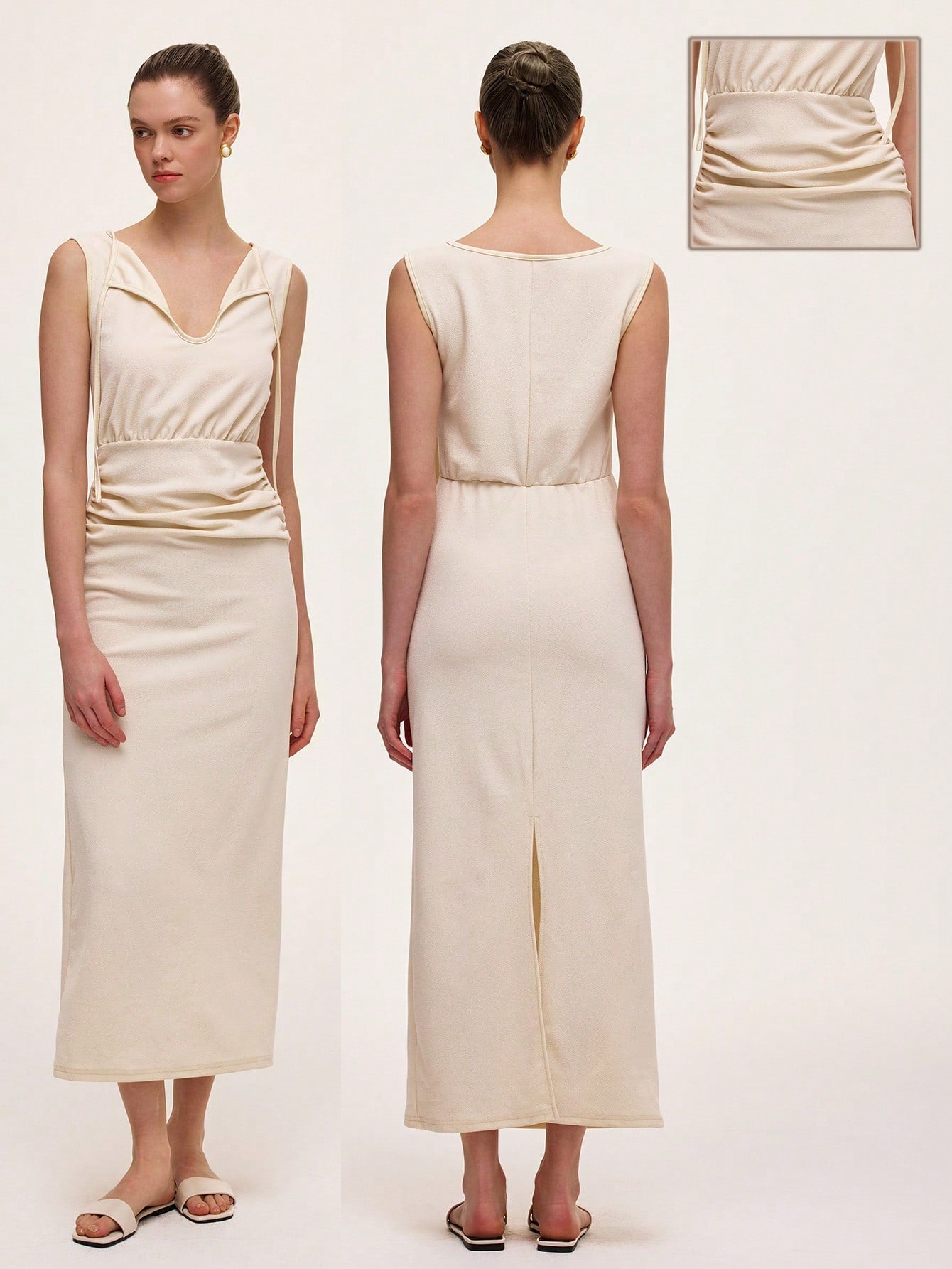 Step into effortless elegance with this chic ivory midi dress. Featuring a flattering V-neck and ruched waist, it highlights your silhouette while keeping things light and breezy with its sleeveless design. Perfect for any occasion where you want to feel stylish and comfortable without trying too hard.