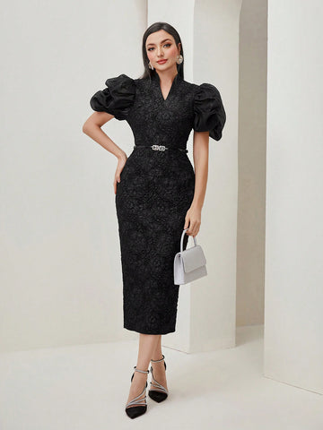 This stunning dress features a chic jacquard design and a fitted silhouette, highlighting your curves. The puff sleeves add a touch of playful elegance, while the stylish split back adds a modern twist. Elevate your wardrobe with this sophisticated and versatile piece.