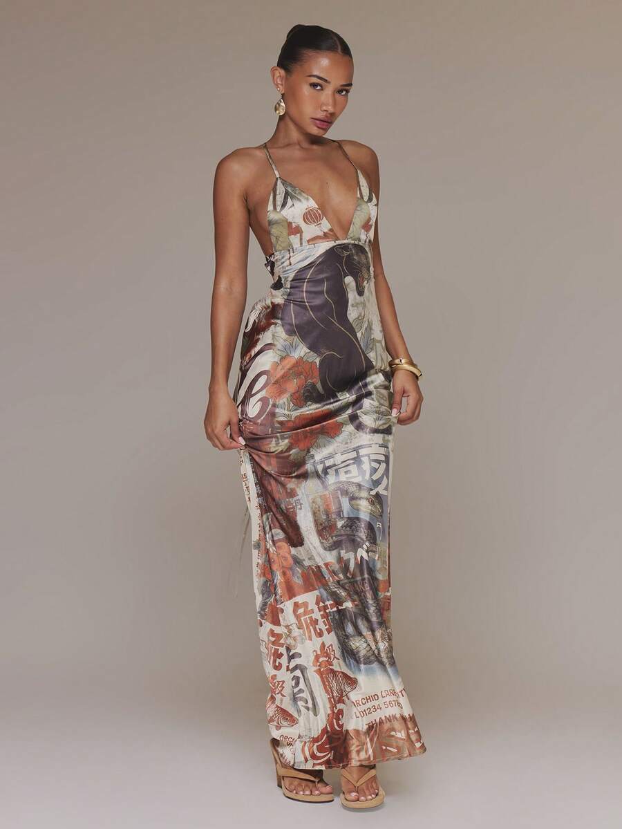 Front view of floral and panther print lace-up maxi dress with deep V neckline