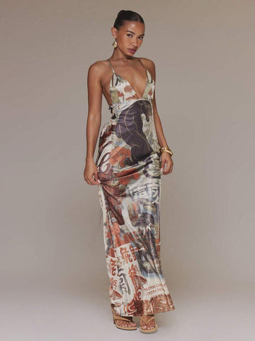 Front view of floral and panther print lace-up maxi dress with deep V neckline