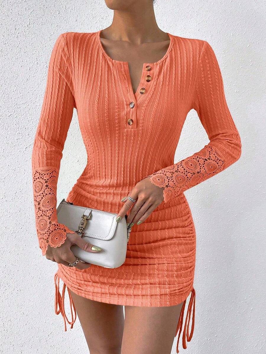 Elevate your everyday look with this chic lace patchwork mini dress that effortlessly blends sophistication with modern flair. The fitted silhouette hugs your curves in all the right ways, while delicate lace panels add an unexpected touch of elegance. A practical drawstring waist lets you customize the fit and create flattering definition. Perfect for commuting to the office, weekend brunch, or transitioning from day to night—this dress proves that polished style doesn't have to be boring. Pair it with sne