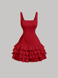 Chic Layered Cake Dress with Square Neck – Perfect Summer, Graduation, and Wedding Attire 