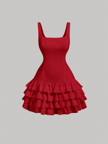 Chic Layered Cake Dress with Square Neck – Perfect Summer, Graduation, and Wedding Attire 