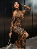 Turn heads at your next autumn soirée in this stunning leopard print bodycon dress. The daring deep V-neckline and open back create an effortlessly chic silhouette that's equal parts bold and sophisticated. Crafted for the confident fashionista, this figure-hugging design flatters your curves while the timeless leopard pattern adds a touch of wild elegance. Perfect for evening parties, date nights, or any occasion where you want to make a statement. Slip it on and let your inner style icon shine!