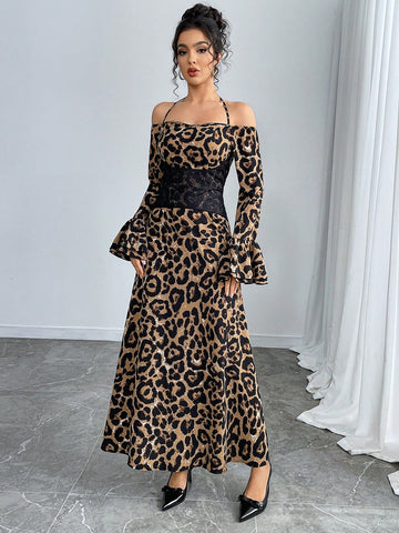 Unleash your wild side with our Chic Leopard Print Dress! This halterneck dress features a delicate lace contrast and playful trumpet sleeves, perfect for making a statement at any occasion. Embrace your fierce and fashionable self in this must-have dress!