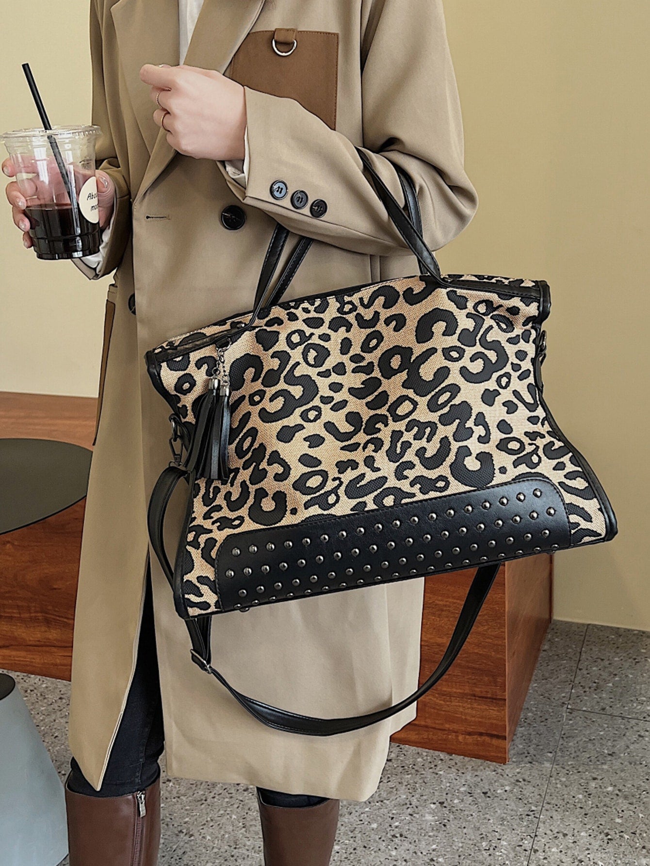 Elevate your style with our chic leopard studded shoulder tote bag - the perfect gift for trendy women and girlfriends. This stylish bag features bold leopard print, studded details, and a spacious design for all your essentials. Give the gift of fashion and functionality to the ones you love.