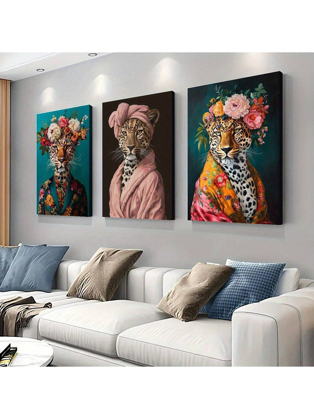 Add a splash of whimsy to your space with this Chic Leopard in Bathrobe Canvas Art Print Set. Featuring a stylish leopard lounging in a cozy bathrobe, these waterproof prints bring fun and flair to any room—perfect for brightening up your home or office walls with a playful touch. Durable and easy to clean, they combine charm and practicality effortlessly.