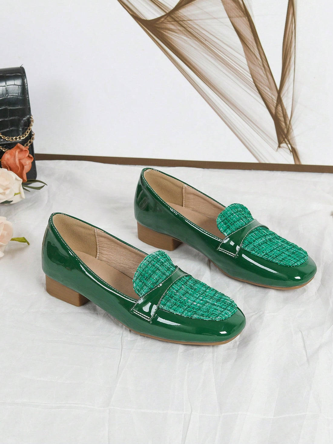 Elevate your style with these chic light green patent leather chunky heels! The canvas checkered patchwork gives them a unique and eye-catching look. With their sturdy and comfortable design, these heels are perfect for any occasion. Step out in confidence and elevate your fashion game with these must-have shoes!