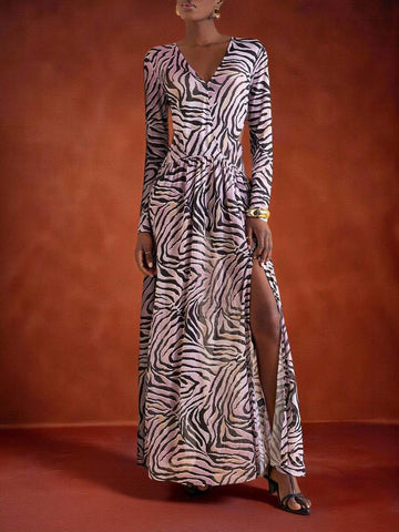 Elevate your wardrobe with this stunning pink maxi dress, designed for versatile elegance. Featuring a flattering deep V-neckline, high slits, and a wrap-style silhouette, this piece transitions seamlessly from cruise getaways to casual gatherings. The semi-sheer mesh fabric blends 94% polyester with 6% elastane for a comfortable, high-stretch fit that moves with you. A-line cut with high waistline and long sleeves creates a refined silhouette, while the random print adds visual interest. Perfect for formal