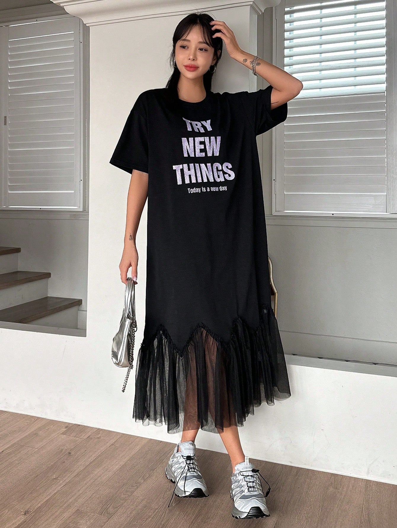 Unleash your playful side with our Chic Mesh Contrast Short Sleeve Dress! Stand out in this trendy letter print dress featuring a unique mesh contrast for added style. Perfect for any occasion, this dress effortlessly combines fashion and fun. Chic never looked so good!