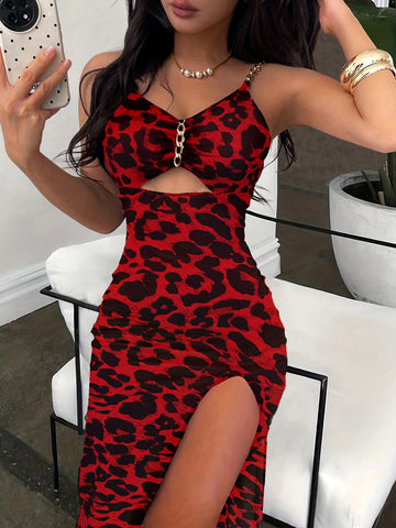 Upgrade your wardrobe with our Chic Metal Chain Strap Bodycon Dress. Featuring a unique chain strap design and a sexy slit detail, this dress is perfect for any special occasion. Made with high-quality materials, it offers both style and comfort. Elevate your look and make a statement with this must-have dress.