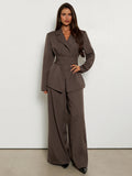 Front view of taupe-brown belted wrap blazer and matching wide-leg trousers
