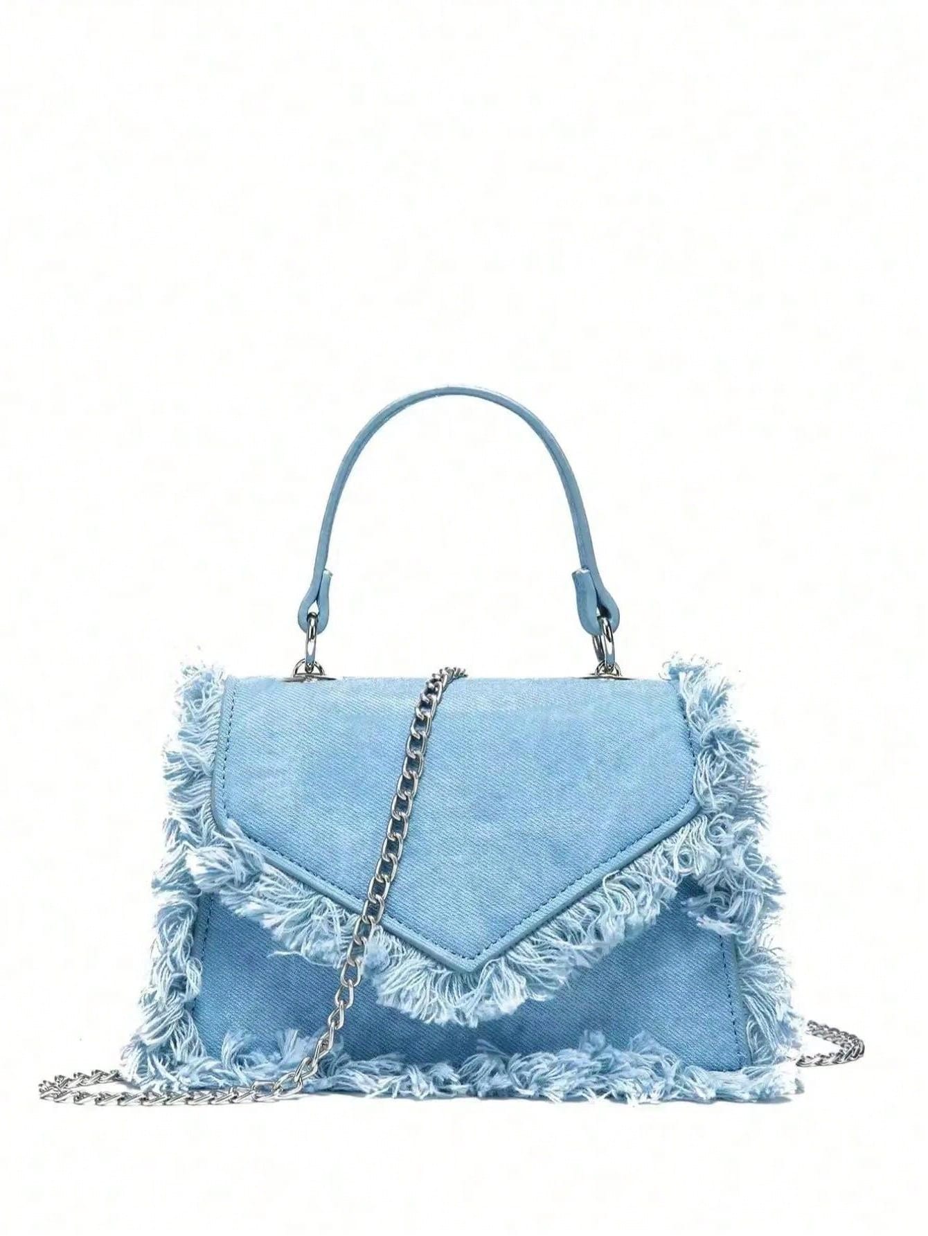 Elevate your style with our Chic Minimalist Fringe Mini Bag! This stylish square crossbody features a trendy chain strap and comes in a sleek blue hue. Perfect for any occasion, this bag adds a touch of sophistication to any outfit. Upgrade your accessory game today!