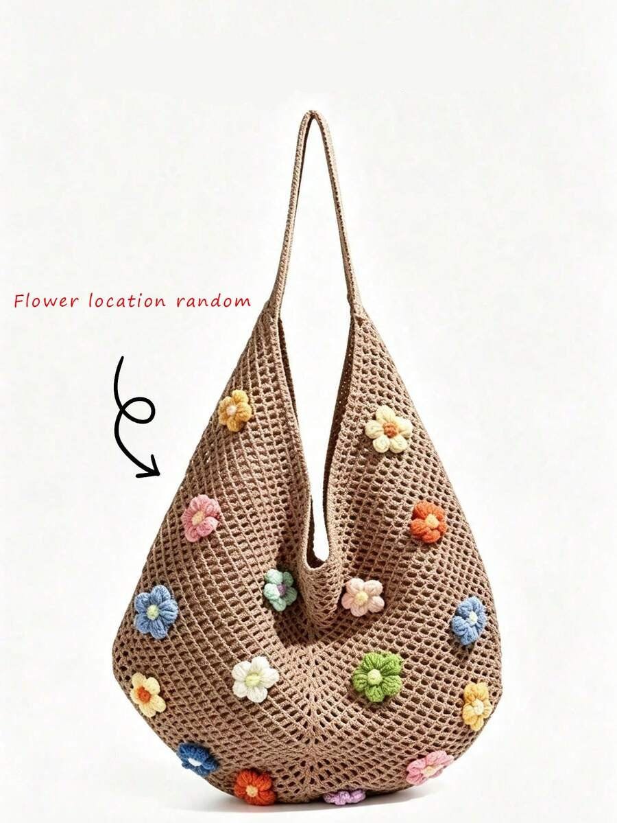 Front view of coffee brown crochet shoulder bag with colorful flower appliqués