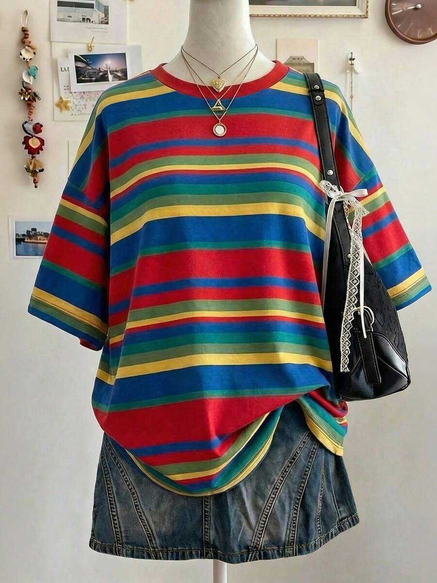 Side view of Chic Minimalist Striped Cotton T-Shirt for Women - Perfect Gift for Friends for women styling