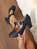 Introducing our chic Navy Blue High Heel Mary Jane T-Strap Dress Shoes, designed for elegance and comfort during the autumn and winter seasons. The T-strap offers a secure fit and the high heel adds height and style. Perfect for any formal occasion, these shoes are sure to make a statement.