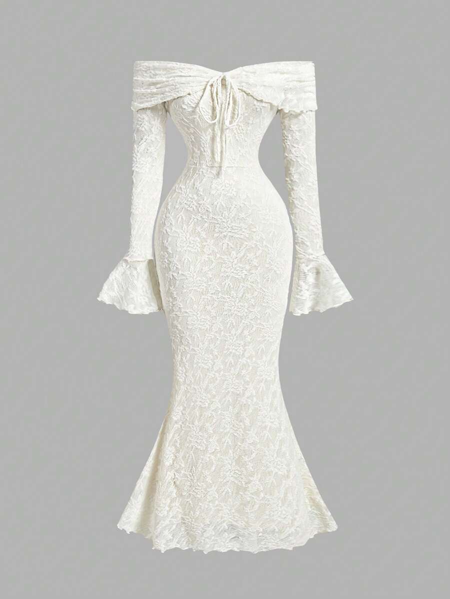 Turn heads at your next celebration in this sophisticated off-shoulder bodycon dress. The flattering silhouette hugs your curves while the front tie detail adds an elegant focal point and adjustable fit. Crafted for versatility, this dress transitions seamlessly from New Year's Eve glamour to Valentine's Day romance. The off-shoulder neckline creates a chic, modern look that's both timeless and on-trend. Whether you're dancing at a party or enjoying an intimate dinner, this dress delivers confidence and sty