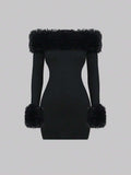 Front view black off shoulder bodycon mini dress with shaggy faux fur neckline and cuff trim