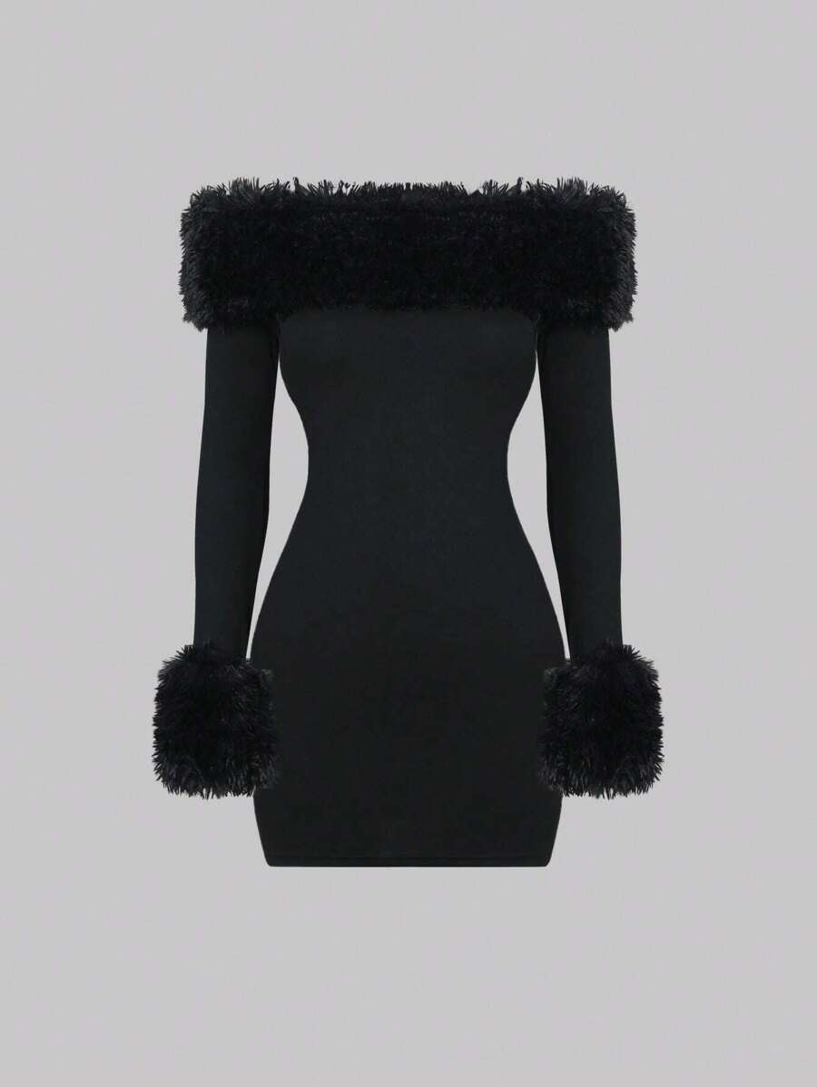 Front view black off shoulder bodycon mini dress with shaggy faux fur neckline and cuff trim