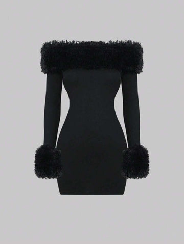 Front view black off shoulder bodycon mini dress with shaggy faux fur neckline and cuff trim