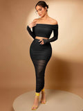 Turn heads with this flirty two-piece set that effortlessly combines trendy and timeless. The off-shoulder crop top shows just the right amount of skin with its chic silhouette, while the ruched pencil skirt hugs your curves in all the right ways. Perfect for date night, brunch with friends, or whenever you want to feel confident and fabulous. Mix and match with your favorite accessories to make it uniquely yours!