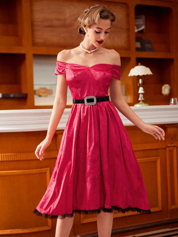 Elevate your style game with our Chic Off-Shoulder Jacquard Dress. Featuring a trendy off-shoulder design and a luxurious jacquard fabric, this dress effortlessly combines elegance and fashion. Perfect for any occasion, dress it up or down for a look that's effortlessly chic. (Effortless elegance, trendy off-shoulder design, luxurious jacquard fabric. Dress it up or down for any occasion.)