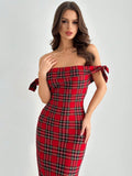 Experience effortless elegance this Christmas in our Chic Off-Shoulder Plaid Midi Dress. With its off-shoulder neckline and flattering midi length, this dress exudes class and sophistication. The plaid pattern adds a touch of timeless charm, making it the perfect choice for any holiday occasion. Elevate your style and spread holiday cheer with this must-have dress!