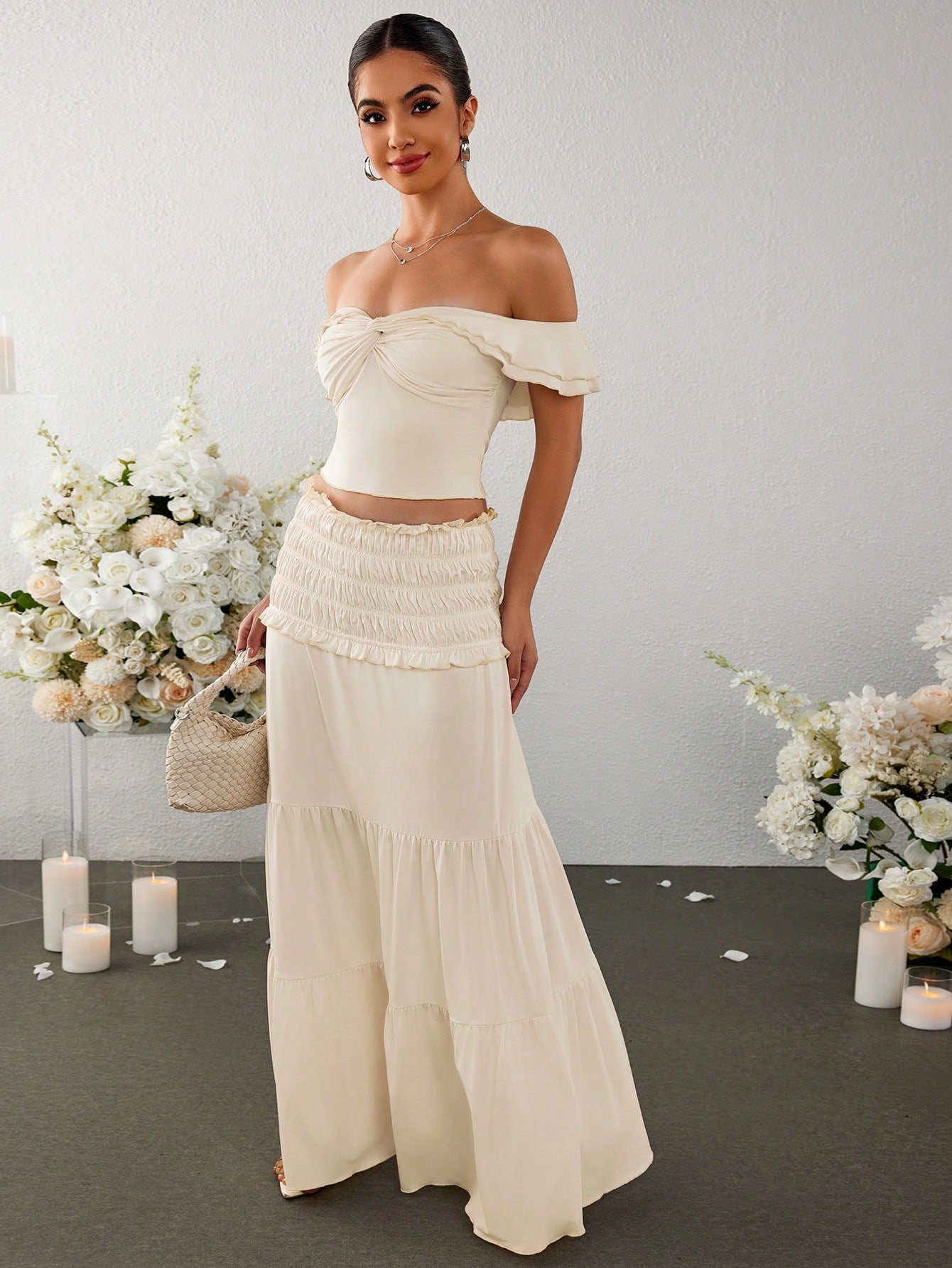 Turn heads this season in our effortlessly chic off-shoulder set! The ruched crop top hugs your curves in all the right ways, while the ruffled skirt adds a flirty, feminine touch that's perfect for summer adventures. Whether you're hitting the beach, catching sunset vibes, or dancing the night away, this dynamic duo delivers instant style without the fuss. Mix, match, or wear together—either way, you're guaranteed to feel confident and fabulous. Your go-to set for making every warm-weather moment count!