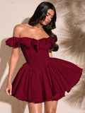 Shop a chic white off shoulder A line dress with lace trim and petal sleeves. Perfect for summer outings, brunch dates, and special occasions.