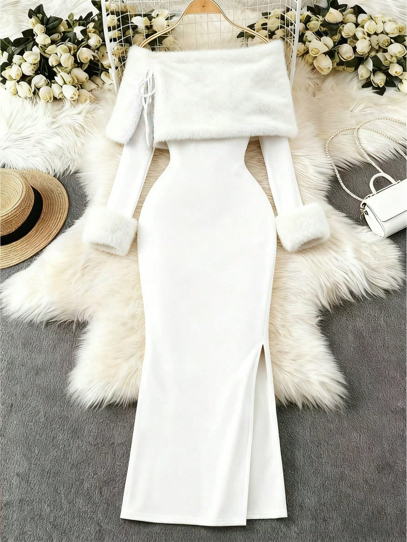 Bare your shoulders and steal the spotlight in this stunning winter white dress that's equal parts elegant and fun. The off-shoulder neckline creates an effortlessly chic silhouette, while the plush fuzzy collar adds a cozy, luxe touch that's perfect for those chilly season moments. Whether you're dancing at a festival, impressing on a date, or celebrating the holidays, this dress delivers major style points without trying too hard. The crisp white hue keeps things fresh and versatile, making it easy to dre