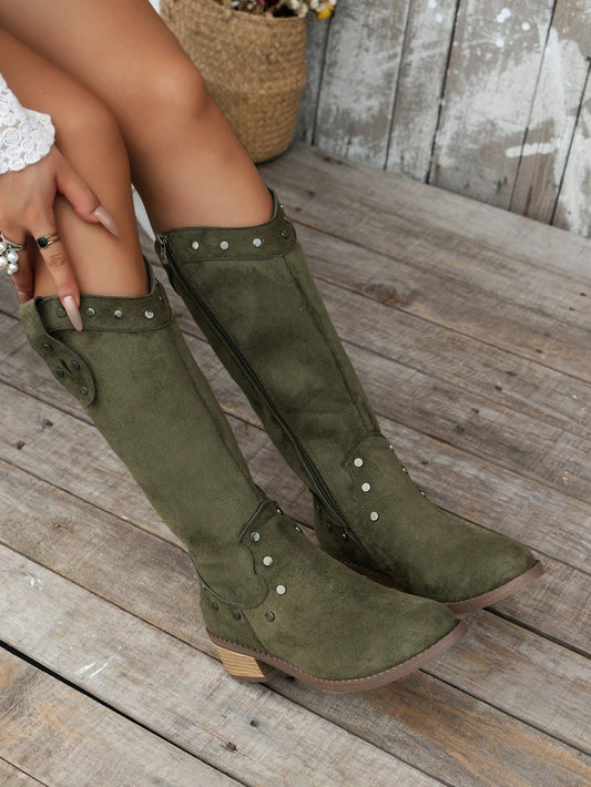 Elevate your style this fall and winter with our Chic Olive Green Studded Knee-High Western Cowboy Boots. Made with high-quality materials, these boots offer both comfort and fashion. The studded design adds a unique touch to your outfit, while the knee-high length keeps you warm. Perfect for any stylish look.