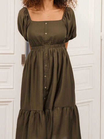 Elevate your seasonal wardrobe with this gorgeous olive midi dress that's equal parts sophisticated and fun. The charming puff sleeves add a playful touch while the square neckline flatters every frame. Perfect for autumn gatherings, winter brunches, or whenever you want to feel effortlessly chic. The midi length offers that sweet spot between comfort and elegance, making it your go-to piece for dressing up without trying too hard. Whether you're heading to a casual dinner or a special occasion, this dress 