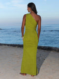 Back view of olive green one-shoulder ruched bodycon maxi dress for beach vacation styling