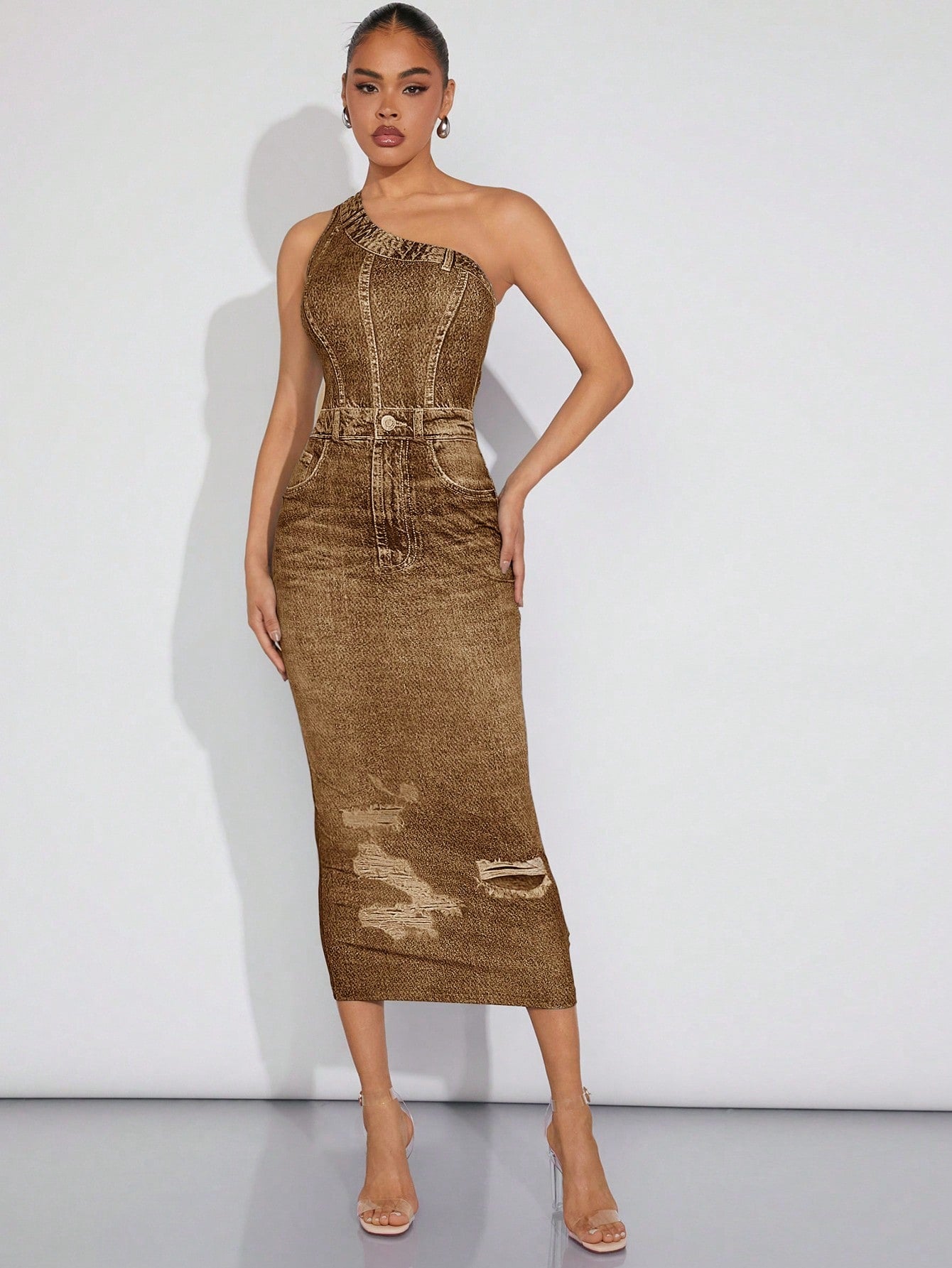 Effortlessly elevate your style with our Chic One-Shoulder Denim-Effect Print Dress. Featuring a unique one-shoulder design and denim-inspired print, this dress is perfect for making a statement. Made with high-quality materials, it offers both style and comfort. Embrace effortless style and stand out from the crowd with this must-have dress.