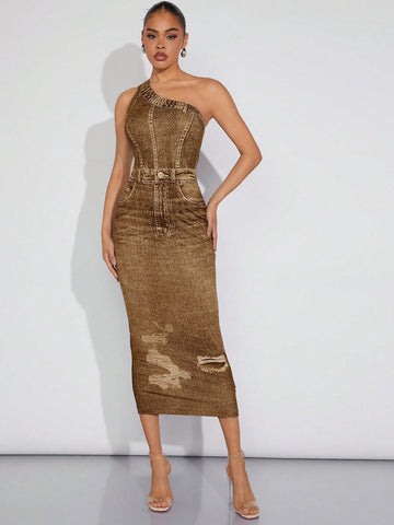 Effortlessly elevate your style with our Chic One-Shoulder Denim-Effect Print Dress. Featuring a unique one-shoulder design and denim-inspired print, this dress is perfect for making a statement. Made with high-quality materials, it offers both style and comfort. Embrace effortless style and stand out from the crowd with this must-have dress.