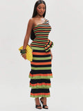 Front full view of navy orange and lime striped one-shoulder rib-knit midi dress with ruffle hem