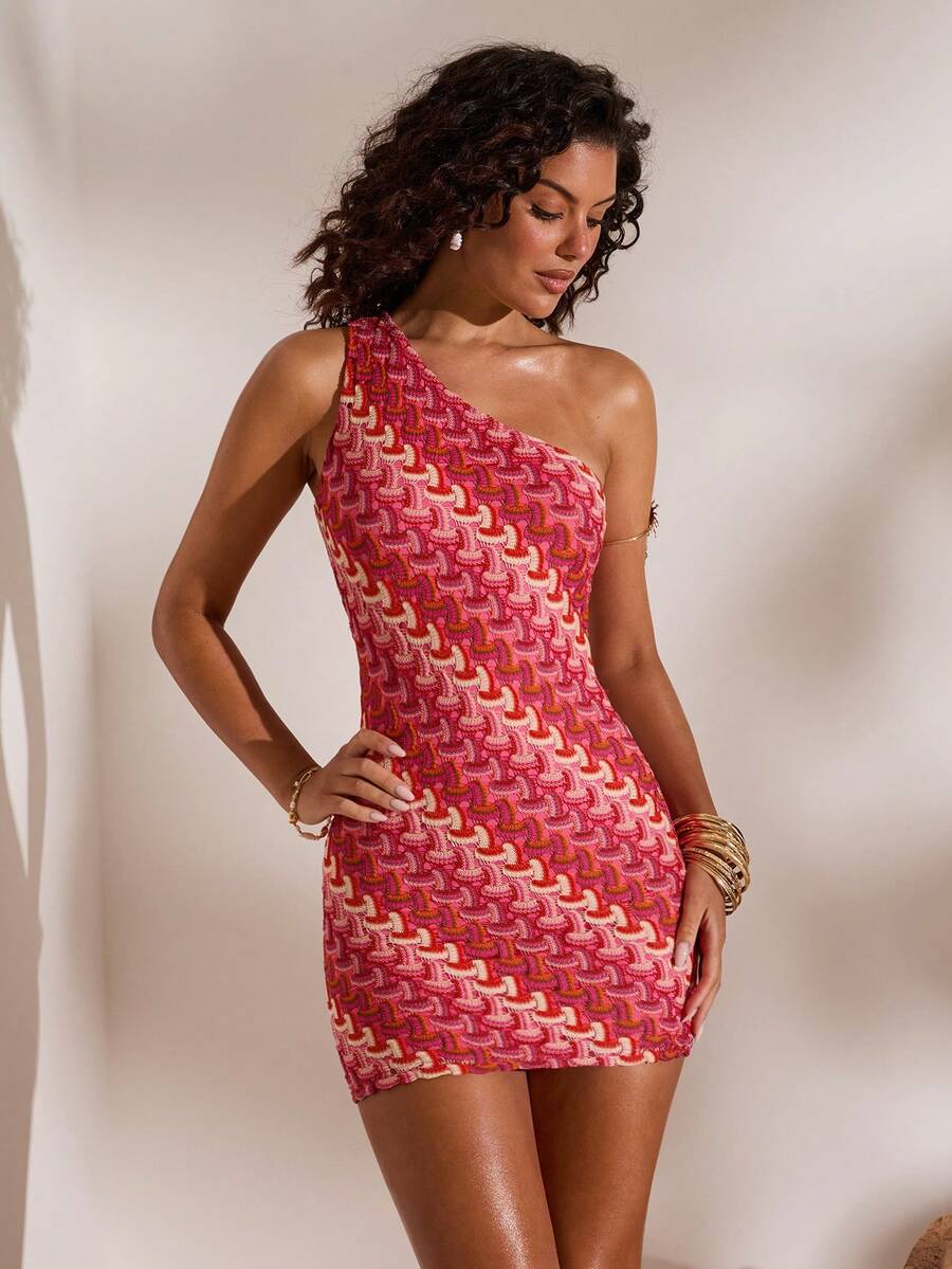 4 media show pink red orange cream one-shoulder bodycon mini dress with geometric chain-like print, asymmetric neckline, single wide strap, one sleeveless side, fitted short pencil silhouette. image 1