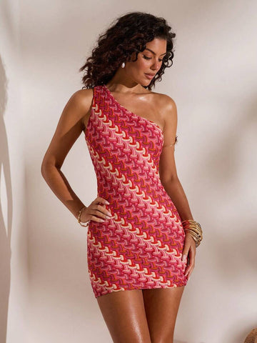 4 media show pink red orange cream one-shoulder bodycon mini dress with geometric chain-like print, asymmetric neckline, single wide strap, one sleeveless side, fitted short pencil silhouette. image 1