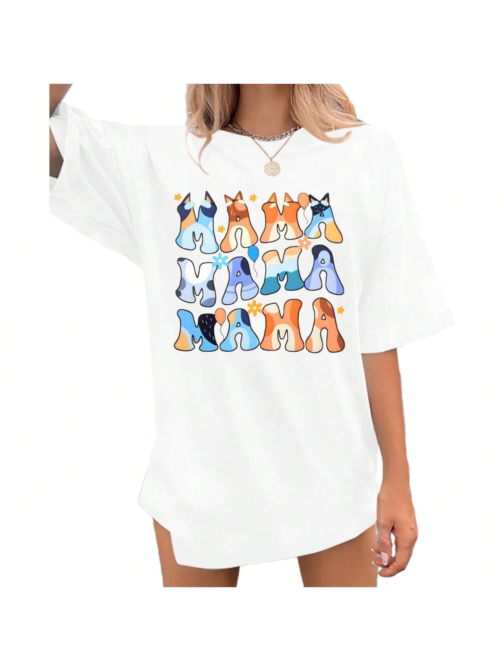 Rock your mom status with this chic oversized tee! With stylish letter print graphics, you'll be the trendiest mama on the block. Perfect for running errands or lounging at home. Who says moms can't be stylish?!