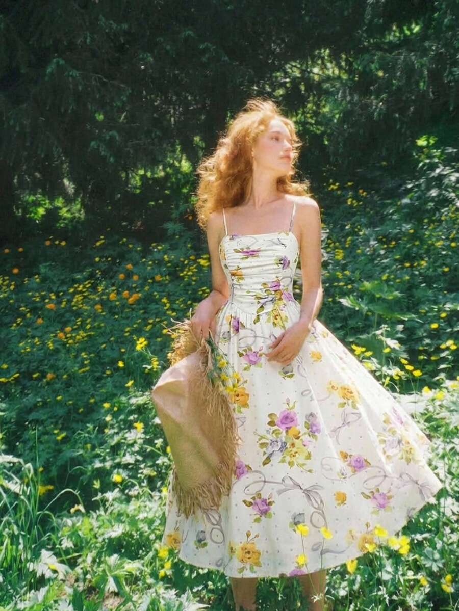 Elevate your warm-weather wardrobe with this sophisticated pastel cami dress, where refined tailoring meets botanical charm. The delicate pleated bodice creates flattering dimension while the understated plant print adds visual interest without overwhelming your silhouette. Crafted for versatility, this piece transitions seamlessly from casual daytime outings to relaxed evening gatherings. The cami neckline offers a timeless appeal, while the flowing cut ensures comfortable movement throughout your day. Per