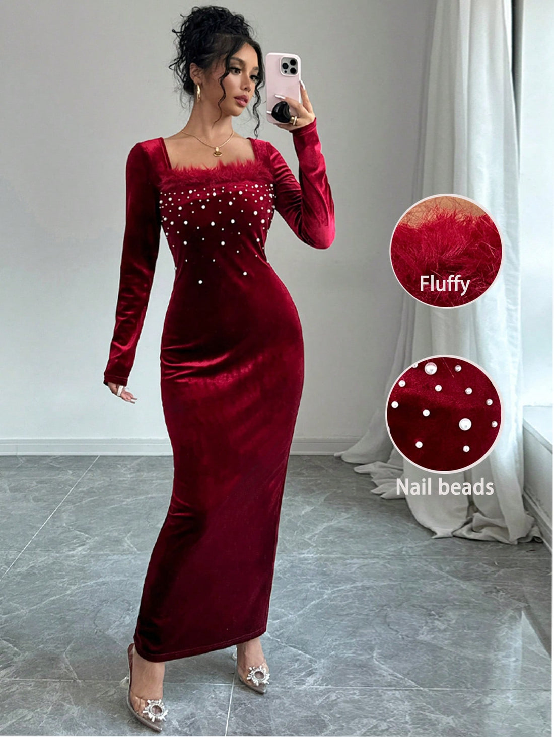 Expertly crafted with luxurious angora velvet, this chic bodycon dress will elevate your wardrobe. The classic square neck and pearl-embellished details add a touch of sophistication, while the furry trim adds a playful element. Perfect for any occasion, this dress is a must-have for any fashion-forward individual.