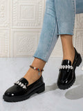 Step into style with our Chic Pearl-Embellished Chunky Platform Loafers! These trendy British shoes are perfect for Fall/Winter 2024. With a chunky platform and pearl accents, you'll be the talk of the town. Elevate any outfit with ease and stand out from the crowd. (Put your best foot forward with these cheeky loafers!)