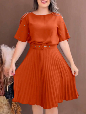 Step out in style with this playful pleated dress featuring chic pearl accents and a ruched waist that flatters every figure. The included belt adds a touch of elegance while defining your silhouette, making it perfect for any occasion—from brunch dates to evening soirees. Embrace effortless charm and comfort all day long.