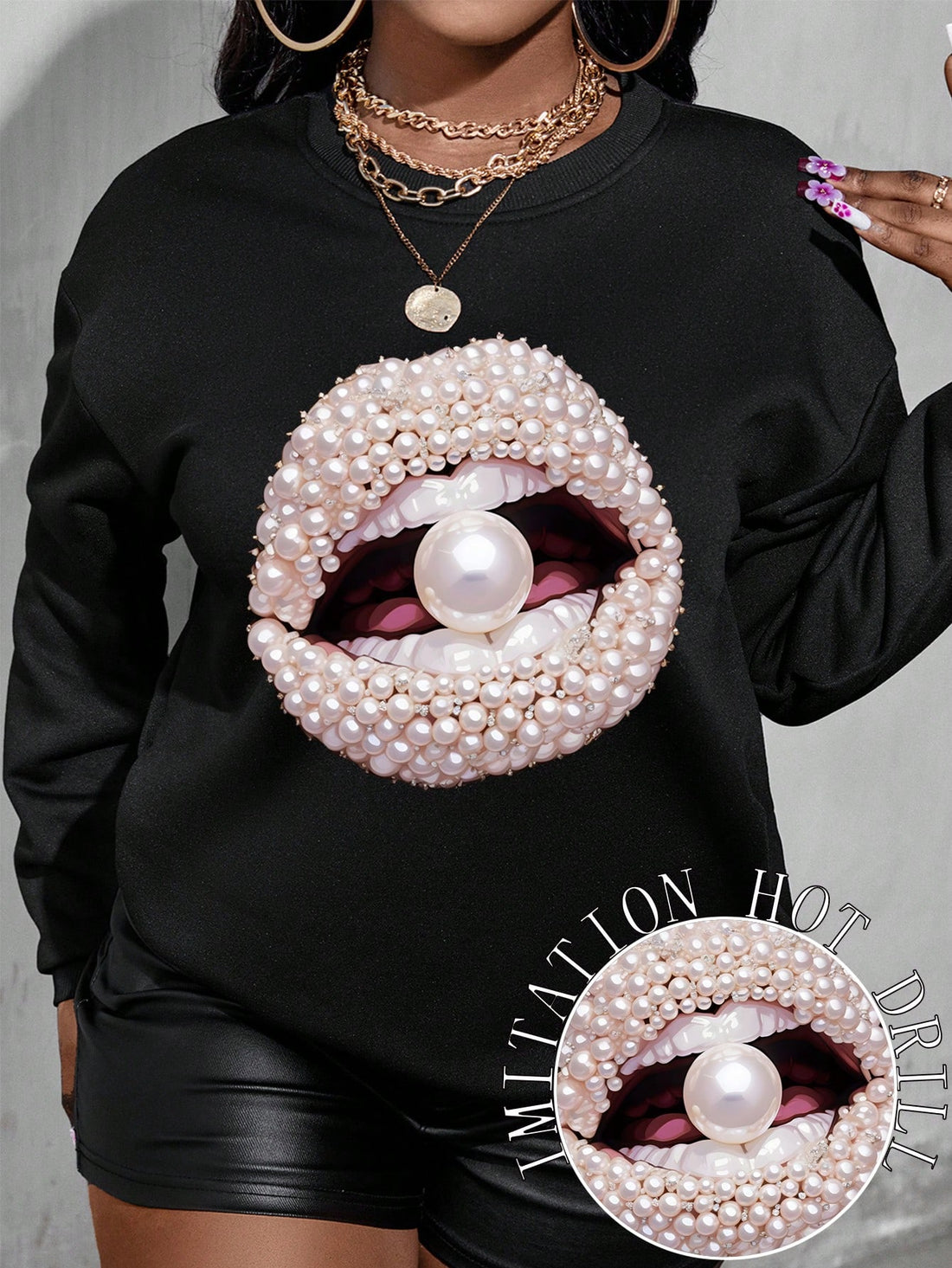 Be the trendsetter in this eccentric sweatshirt with a chic pearl lip print. The crew neck adds a touch of classic style, while the playful design brings a unique twist. Stay cozy and stylish with this must-have for fashion-forward women.