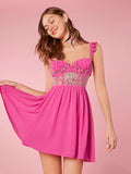 Get ready to turn heads at any spring or summer party with this chic pink mini dress! With delicate embroidery and playful ruffle edges, this dress is sure to make a statement. Lightweight and stylish, it's the perfect choice for any warm weather occasion.