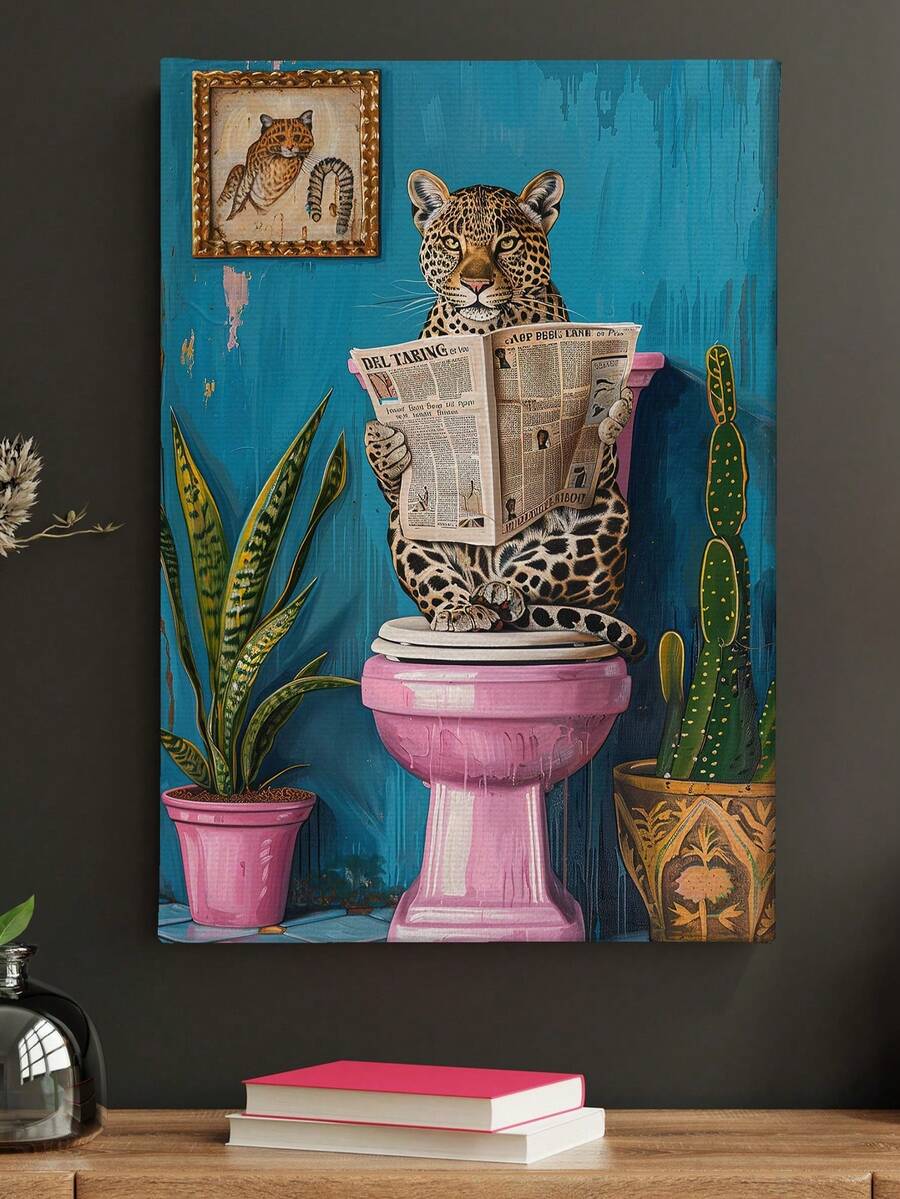 Unframed leopard canvas wall art showing spotted leopard reading a newspaper on a pink toilet with teal wall and plants