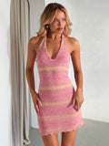 Elevate your party wardrobe with this stunning pink glitter halter knit dress. Featuring a flattering V-neckline, sleeveless design, and backless silhouette with criss-cross detailing, this dress delivers undeniable elegance. The slim-fit pencil hem hugs your curves beautifully, while the lettuce trim adds a playful touch. Crafted from a premium knit blend with slight stretch for comfort, this knee-length beauty transitions seamlessly from Valentine's celebrations to carnival festivities. Hand wash or dry c