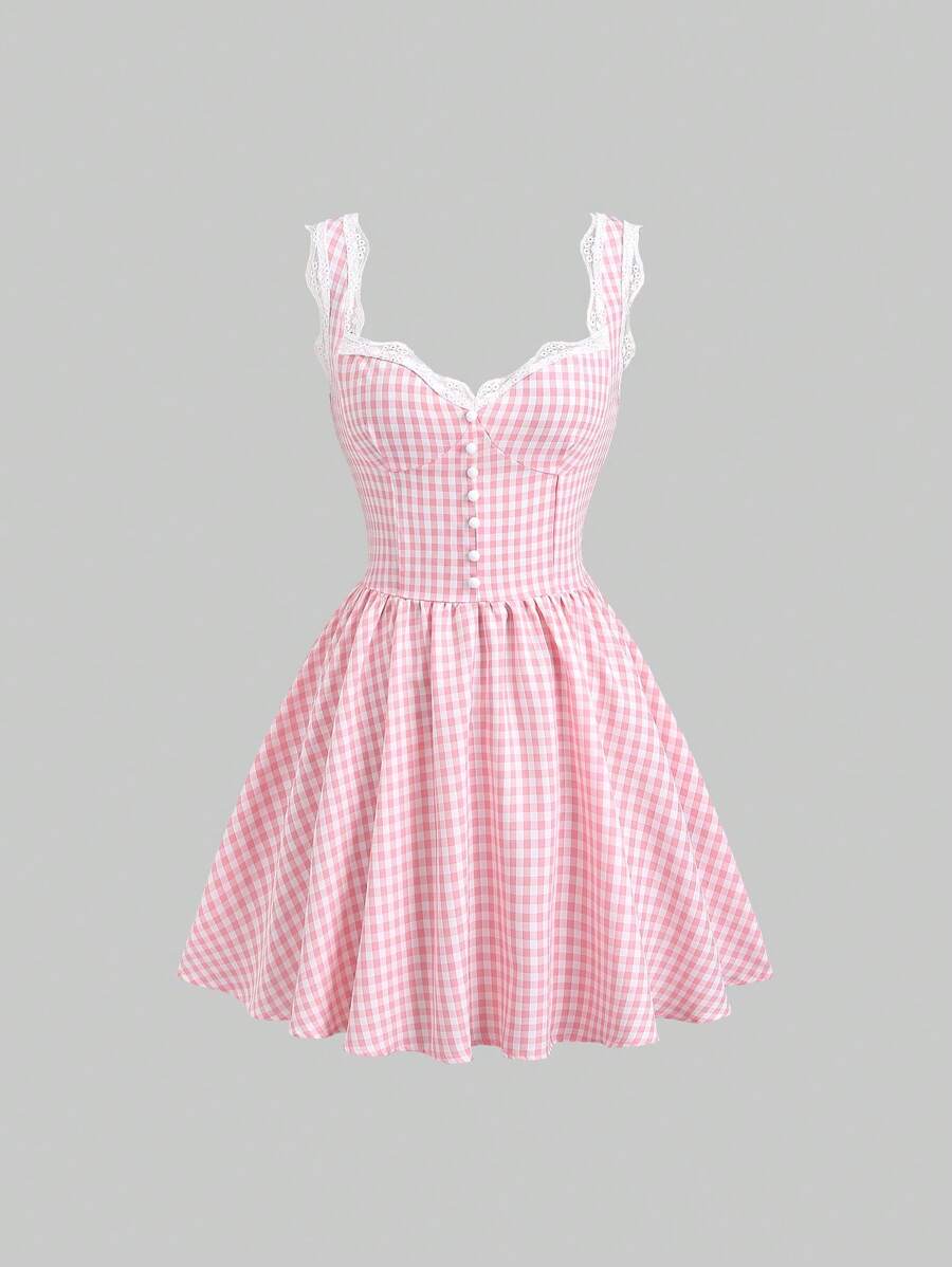 Step out in style with this Chic Pink Plaid Dress, featuring delicate lace trim and flirty spaghetti straps. Its French-inspired A-line silhouette flatters every figure, making it perfect for modern women who love a playful yet elegant look. Whether you're brunching with friends or enjoying a sunny day out, this dress adds a touch of charm and fun to your wardrobe.