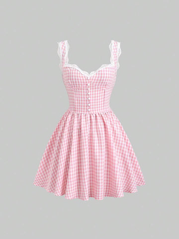 Step out in style with this Chic Pink Plaid Dress, featuring delicate lace trim and flirty spaghetti straps. Its French-inspired A-line silhouette flatters every figure, making it perfect for modern women who love a playful yet elegant look. Whether you're brunching with friends or enjoying a sunny day out, this dress adds a touch of charm and fun to your wardrobe.